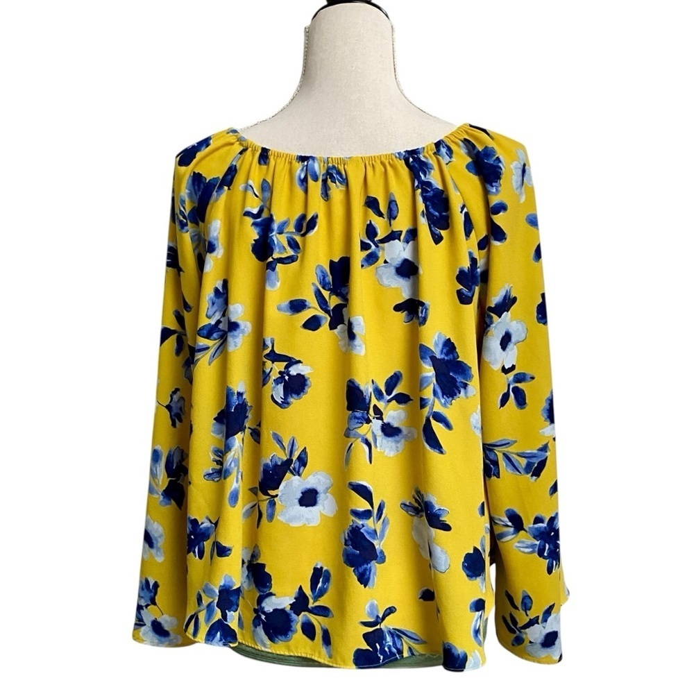 Elizabeth & James Floral Off Shoulder Blouse M Yellow Blue Bell Sleeve Boho Top - Picture 10 of 15